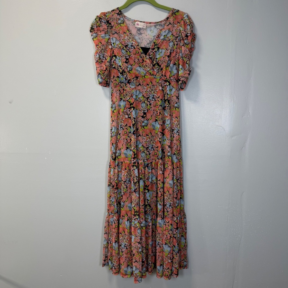 SO Sonoma Floral Mesh Tiered Cocoon Sleeve Midi Dress Pink Orange Blue Small‎